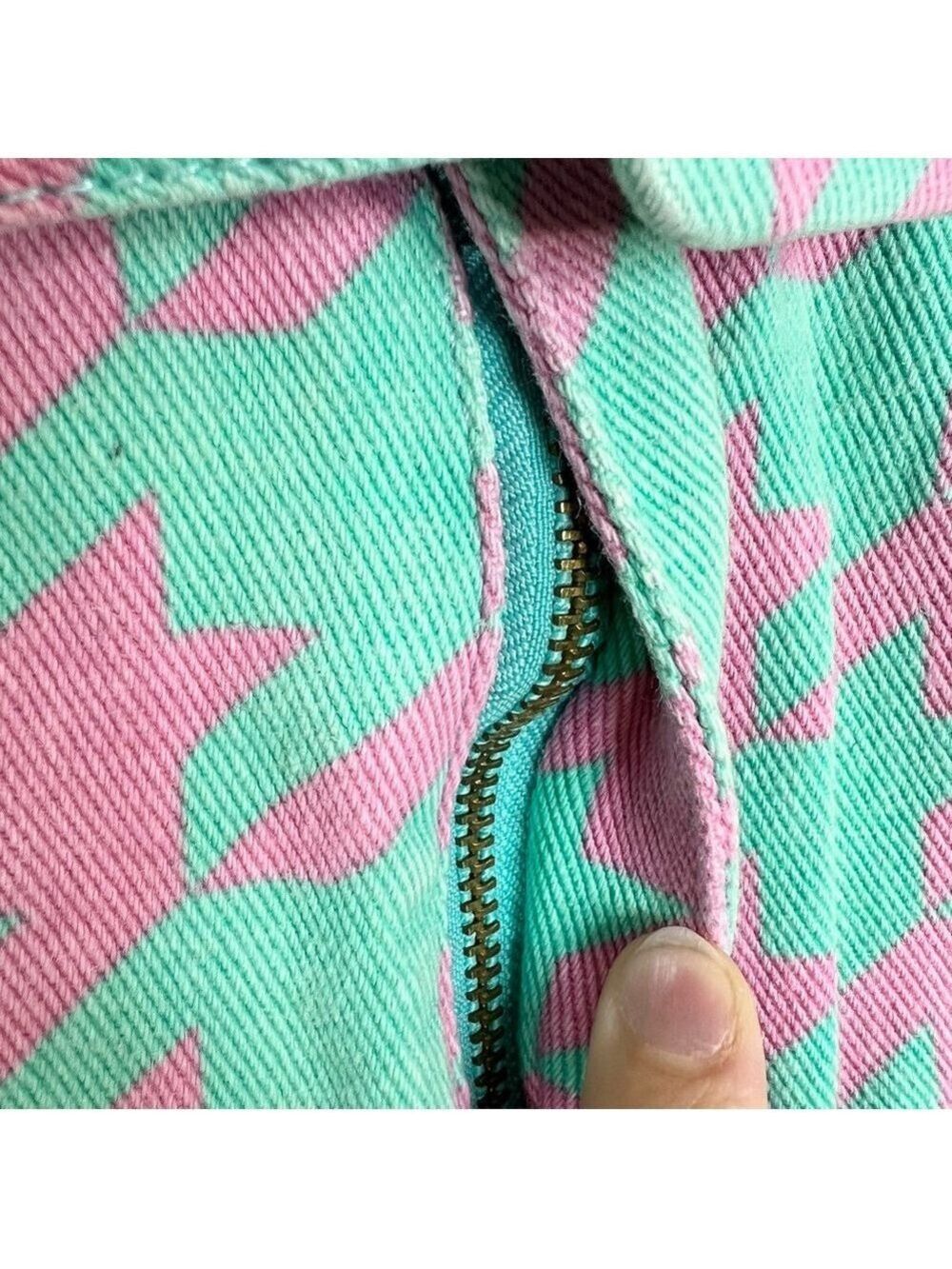 Signature 8 aqua pink houndstooth check belted denim mini skirt M - Picture 6 of 11